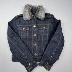 Daisy Fuentes Denim Jacket Women's S Dark Blue Faux Fur Collar Raw Wash Trucker